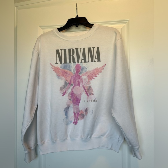 Nirvana White Sweatshirt with Grey Letters Pink and Blue Size Small - Picture 9 of 10